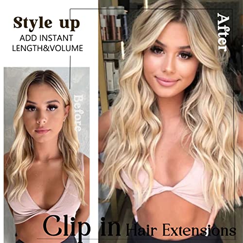 Long Wavy Blonde Mix Platinum Blonde Clip-in Hair Extensions - 20 Inch Glamorous Waves for Women