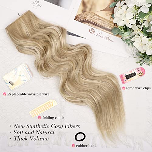 Invisible Wire Hair Extensions - 20 Inch Halo Ash Blonde Mix Bleach Blonde - Long Wavy Synthetic Hairpiece with Adjustable Transparent Wire and 4 Secure Clips for Effortless Elegance