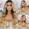 QD-Tizer's Ash Blonde Lace Front Wig – Long Wavy Ombre Hair, Heat Resistant Synthetic Luxury