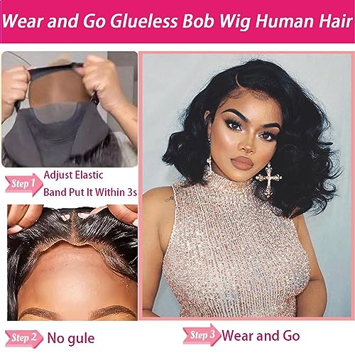 Wear And Go 180% Density Body Wave Lace Closure Bob Wig - 4x4 Glueless Human Hair, Pre Plucked, Ready To Wear - Natural Color 16 Inch