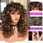 Annivia Ombre Brown Curly Wig with Bangs - 17 Inch Synthetic Hair for Effortless Daily Use and Stunning Cosplay