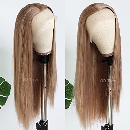 QD-Tizer Blonde Hair Highlights Lace Front Wig - Long Straight Heat Resistant Fiber Wig for Fashion Women, Effortless Elegance with 13x3 Frontal Lace (Blonde/Brown)