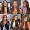 QMSSR Synthetic Lace Front Wig: Brown Long Straight Hair with Blonde Brown Mix