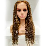 Iris Queen Highlight Honey Blonde Brown Human Hair Wigs: 4x4 Curly Transparent HD Lace Front Wigs