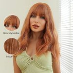 22-inch Medium Length Wavy Wig With Bangs - Orange Synthetic Highlight Wig for a Stylish Party Look