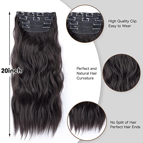 Voluminous and Natural Dark Brown Hair Extensions - 4Pcs Clip-in Set for Long, Curly, and Thick Brunette Hair (20 Inches)