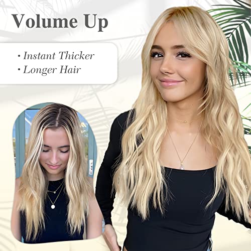 Invisible Wire Hair Extensions - 20 Inch Halo Ash Blonde Mix Bleach Blonde - Long Wavy Synthetic Hairpiece with Adjustable Transparent Wire and 4 Secure Clips for Effortless Elegance