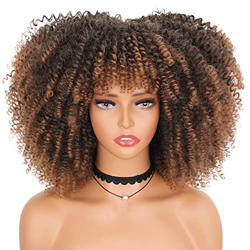 Ombre Brown Afro Wig - 14 Inch Curly Wig with Bangs, Express Your Style with Vibrant Colors and Little Gifts