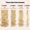 7PCS Golden Blonde Wavy Hair Extensions - 22inch Synthetic Hairpieces for Daily Glam - Natural, Soft, and Double Thick Clip-ins for Women and Girls