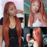 32-Inch Long Straight Orange Ginger Lace Front Wig - Synthetic Elegance with T-Lace and Glueless Comfort
