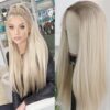 Aisom's Ash Blonde Synthetic Lace Front Wigs – Long Straight Hair, Ombre Blonde with Brown Roots, Perfect for Daily Use