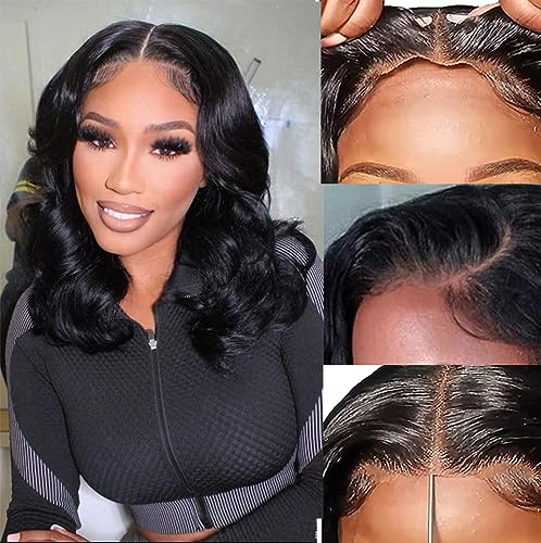 Wear And Go 180% Density Body Wave Lace Closure Bob Wig - 4x4 Glueless Human Hair, Pre Plucked, Ready To Wear - Natural Color 16 Inch