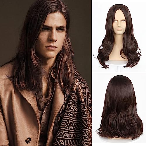 IEBIYO Men's Long Brown Wig, Middle Part Wavy Wig for Cool Men, Perfect for 60s 70s Hippie Look, Heat Resistant Synthetic Halloween Costume Wig