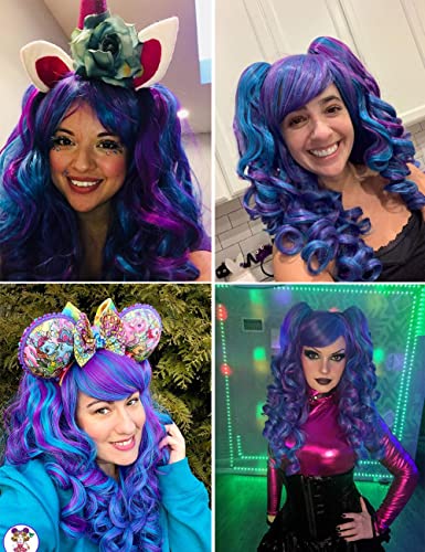 Long Curly Cosplay Wig with 2 Ponytails in Mesmerizing Blue and Purple Hues