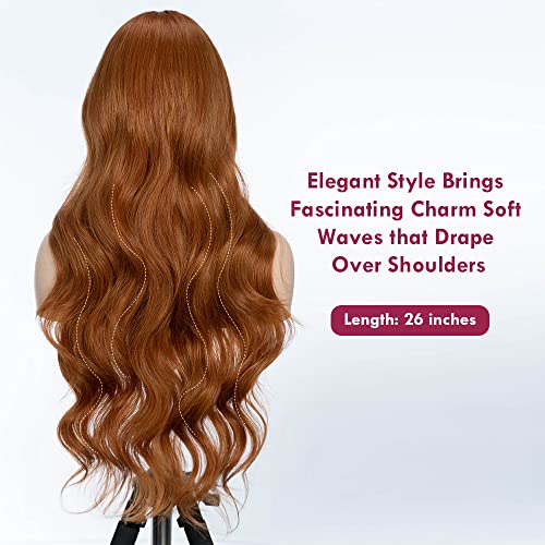 Long Wavy Lace Front Ginger Brown Wigs - 26 Inch Synthetic Wig for Women with Natural Curls and Middle Part, Hand-Tied Lace Front, High Temperature Fashionable Hair