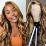 Dazzle in Radiance: 28inch Ombre Honey Blonde Highlight Lace Front Wig - Elevate Your Look with 13x4 Body Wave and HD Transparent