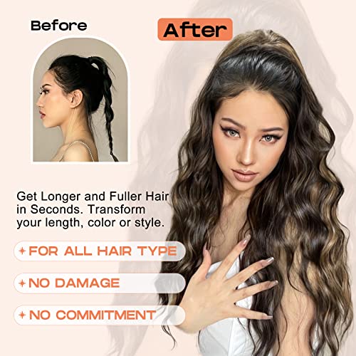 SEIKEA 26" Highlight Drawstring Ponytail Extension - Effortless Wavy Clip-in Hairpiece for Natural Soft Synthetic Hair Volume in Chocolate Brown with Blonde Highlights