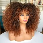 16-Inch Afro Kinky Curly Wig with Bangs for Black Women - Bomb-Like Fullness, No Glue, Long Curly Hair Wigs in Stunning Ombre Brown