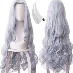 ANOGOL Gray Blue Long Wavy Cosplay Wig with Horn - Perfect Wig for Anime Cartoon Costume Parties!