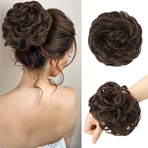 FESHFEN's Large Chestnut Brown Messy Bun Hair Piece - Perfect for Effortless Volume and Tousled Updos