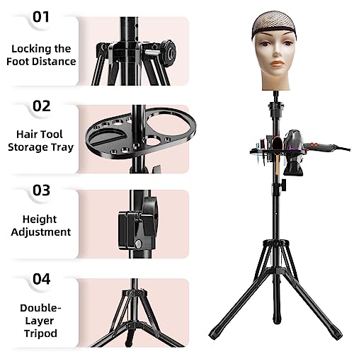 Upgraded Wig Head Stand - Heavy Duty Metal Tripod with Tool Tray for Hairdressing, Cosmetology, and Training