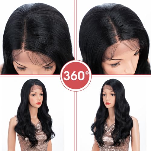 REBECCA STYLE Body Wave Wigs: Embrace Natural Elegance with 13x4 HD Transparent Lace and Heat Resistant Synthetic Fiber in 20 Inch Black-1B Shade