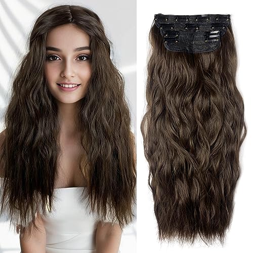 Long Wavy Chestnut Brown Clip-In Hair Extensions - 4PCS for Instant Volume and Length (20 inches)