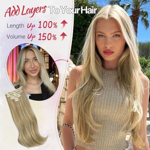 KooKaStyle Premium 20-Inch Clip-In Hair Extensions for Effortless 90s Blowout Styles - Dirty Blonde Mixed Bleach Blonde Upgrade