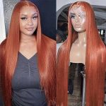 32-Inch Long Straight Orange Ginger Lace Front Wig - Synthetic Elegance with T-Lace and Glueless Comfort