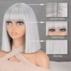 MERISIHAIR Short Silver Gray Bob Wigs with Bangs, Short Straight Bob Silver Grey Wigs for Women,Natural Looking Cosplay Daily Party Wig