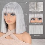 MERISIHAIR Short Silver Gray Bob Wigs with Bangs, Short Straight Bob Silver Grey Wigs for Women,Natural Looking Cosplay Daily Party Wig