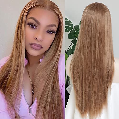 QD-Tizer Blonde Hair Highlights Lace Front Wig - Long Straight Heat Resistant Fiber Wig for Fashion Women, Effortless Elegance with 13x3 Frontal Lace (Blonde/Brown)
