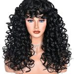 Black Long Curly Afro Wig – 17 Inch Synthetic Wig with Bangs for Effortless Style