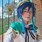 Transform into Venti: Navy Blue Venti Wig with Double Braids for Game Cosplay + Elf Ears, Perfect for Halloween and Anime Enthusiasts