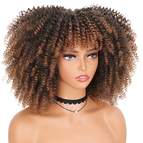 Ombre Brown Afro Wig - 14 Inch Curly Wig with Bangs, Express Your Style with Vibrant Colors and Little Gifts