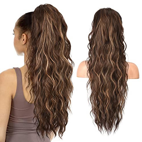 SEIKEA 26" Highlight Drawstring Ponytail Extension - Effortless Wavy Clip-in Hairpiece for Natural Soft Synthetic Hair Volume in Chocolate Brown with Blonde Highlights