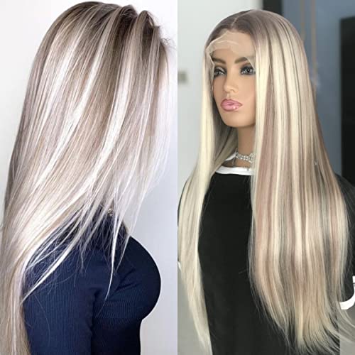 Sultry Elegance: Musescoo Highlight Long Straight Synthetic Lace Wig, Platinum Mixed Brown, for Show-Stopping Style