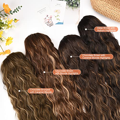 SEIKEA 26" Highlight Drawstring Ponytail Extension - Effortless Wavy Clip-in Hairpiece for Natural Soft Synthetic Hair Volume in Chocolate Brown with Blonde Highlights