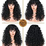 Black Long Curly Afro Wig – 17 Inch Synthetic Wig with Bangs for Effortless Style
