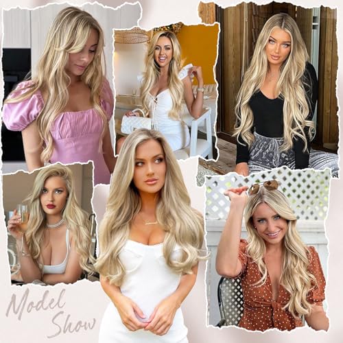 Clip in Hair Extension - 7PCS Bleach Blonde, 20 Inch Long Straight Layered Hair Extensions with Invisible Lace Weft for Women