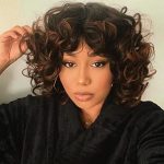 Fancy Hair Curly Afro Wig with Bangs - Black Mix Brown Kinky Curly Wig for Women, Synthetic Cosplay Party Hair Wig