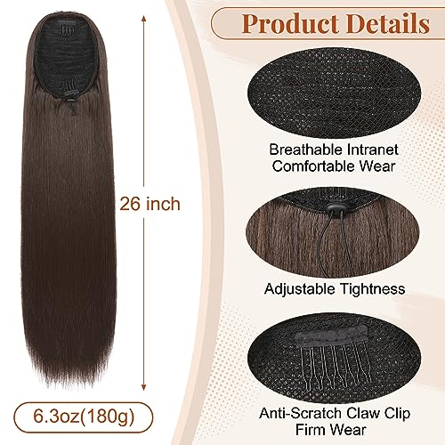 Transform Your Look with 26-Inch Dark Chocolate Brown Synthetic Drawstring Ponytail Extension - Natural Softness for Effortless Style