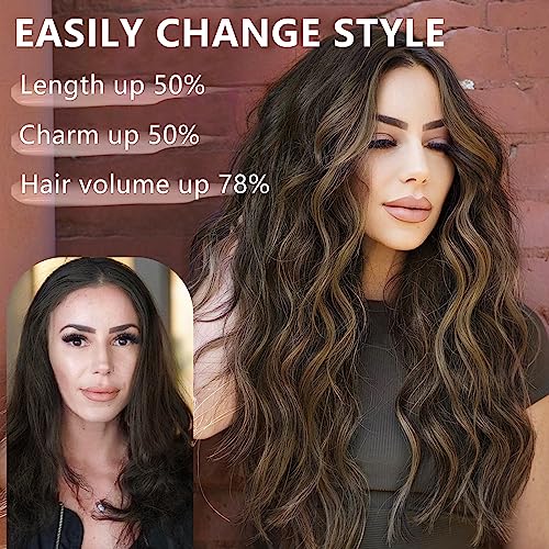 Clip-In Long Wavy Synthetic Hair Extension 20 Inch Balayage Dark Brown to Chestnut - 4PCS Thick Hairpieces for Volume and Versatile Styling