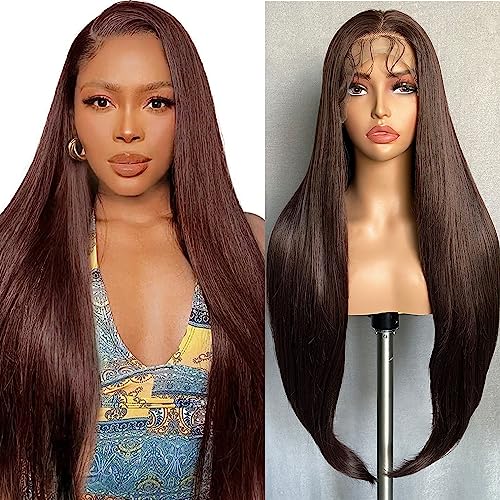 OKU 13x4 Brown Lace Front Wigs - Achieve Effortless Glamour with 32 Inch Long Straight Wigs, Free Parting and HD Transparent Lace for Women and Girls