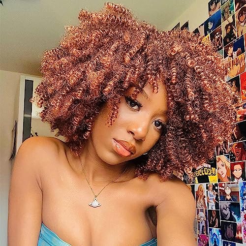 ToyoTress Afro Kinky Curly Wig - 12 Inch Ombre Brown Curly Hair Wig with Bangs for Black Women, Heat Resistant Synthetic Wig (T4/30-0918)