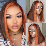 Ginger Orange Highlight Short Bob Wig - 100% Brazilian Virgin Human Hair, 13x4 HD Lace Frontal, Chocolate Brown Straight Bob, Pre-Plucked with Baby Hair, Natural Hairline (12 Inch) 🧡💇‍♀️
