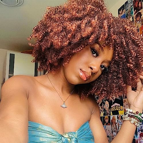 ToyoTress Afro Kinky Curly Wig - 12 Inch Ombre Brown Curly Hair Wig with Bangs for Black Women, Heat Resistant Synthetic Wig (T4/30-0918)