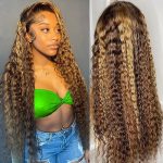 26 Inch Honey Blonde Highlight Ombre Lace Front Wig: Dive into Glamour with 13x4 Deep Wave HD Lace Frontal, Pre Plucked, and 180% Density Curly Human Hair Magic