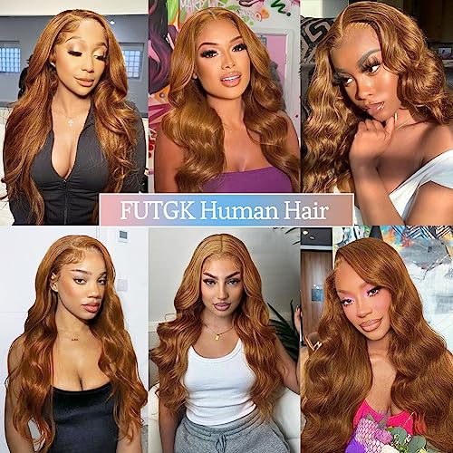 Light Brown Body Wave Lace Front Wig – 100% Unprocessed Brazilian Virgin Human Hair, Pre-Plucked with HD Lace and Ginger Brown Highlights