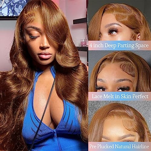 Light Brown Body Wave Lace Front Wig – 100% Unprocessed Brazilian Virgin Human Hair, Pre-Plucked with HD Lace and Ginger Brown Highlights